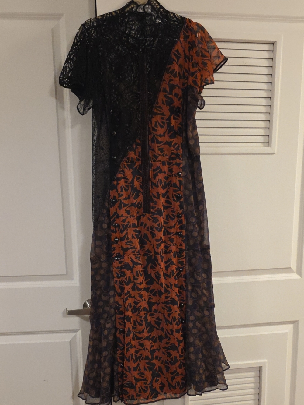 Sheer Overlay Black and Rust Floral Maxi Dress With Lace And Buttons Down Front